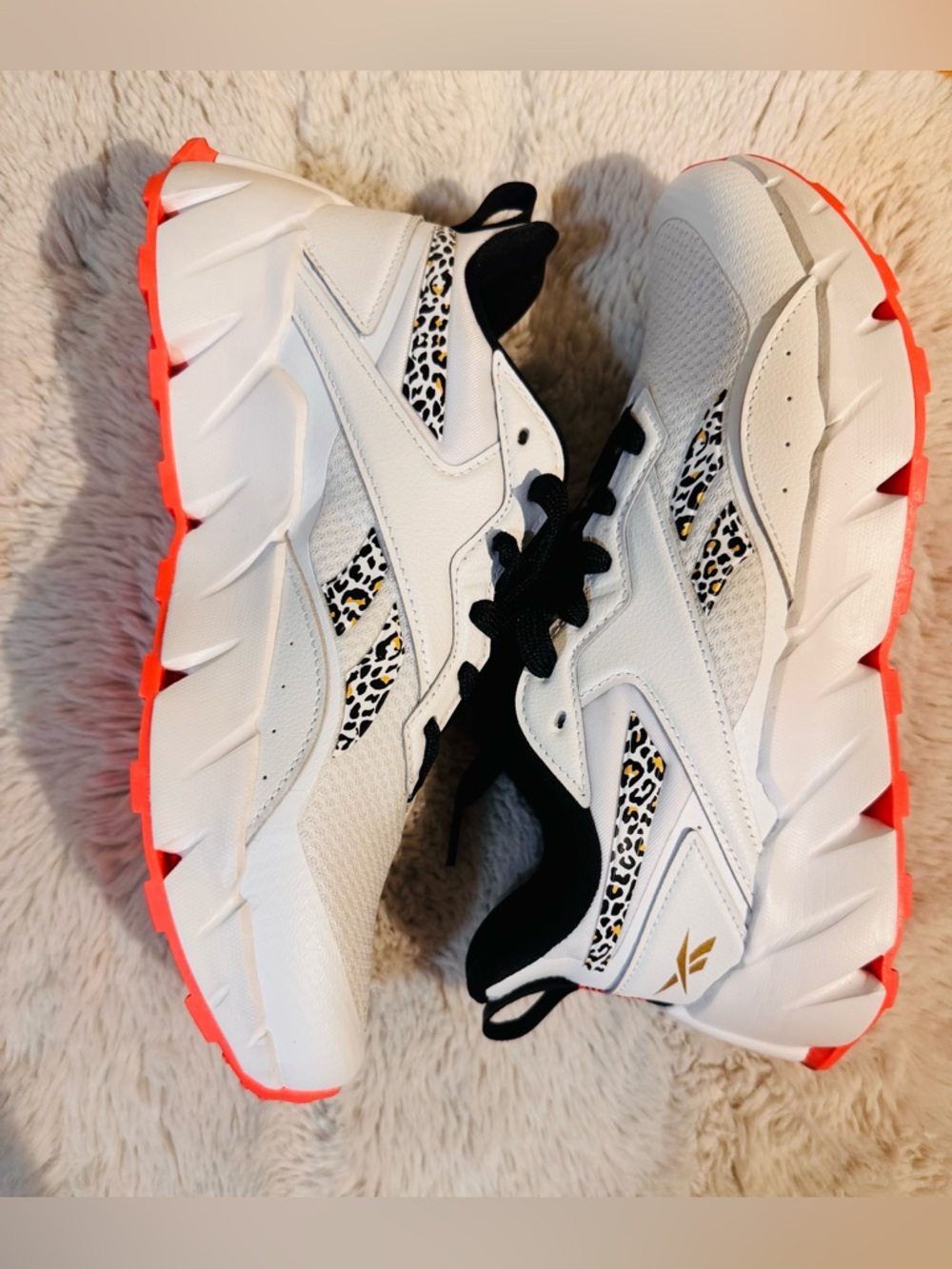 Reebok White Sneakers with Neon Coral Outsole & Leopard Print Accents